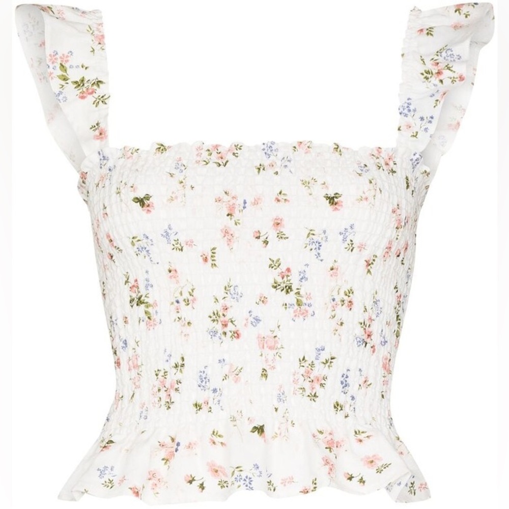 Reformation White Floral Smocked Blouse